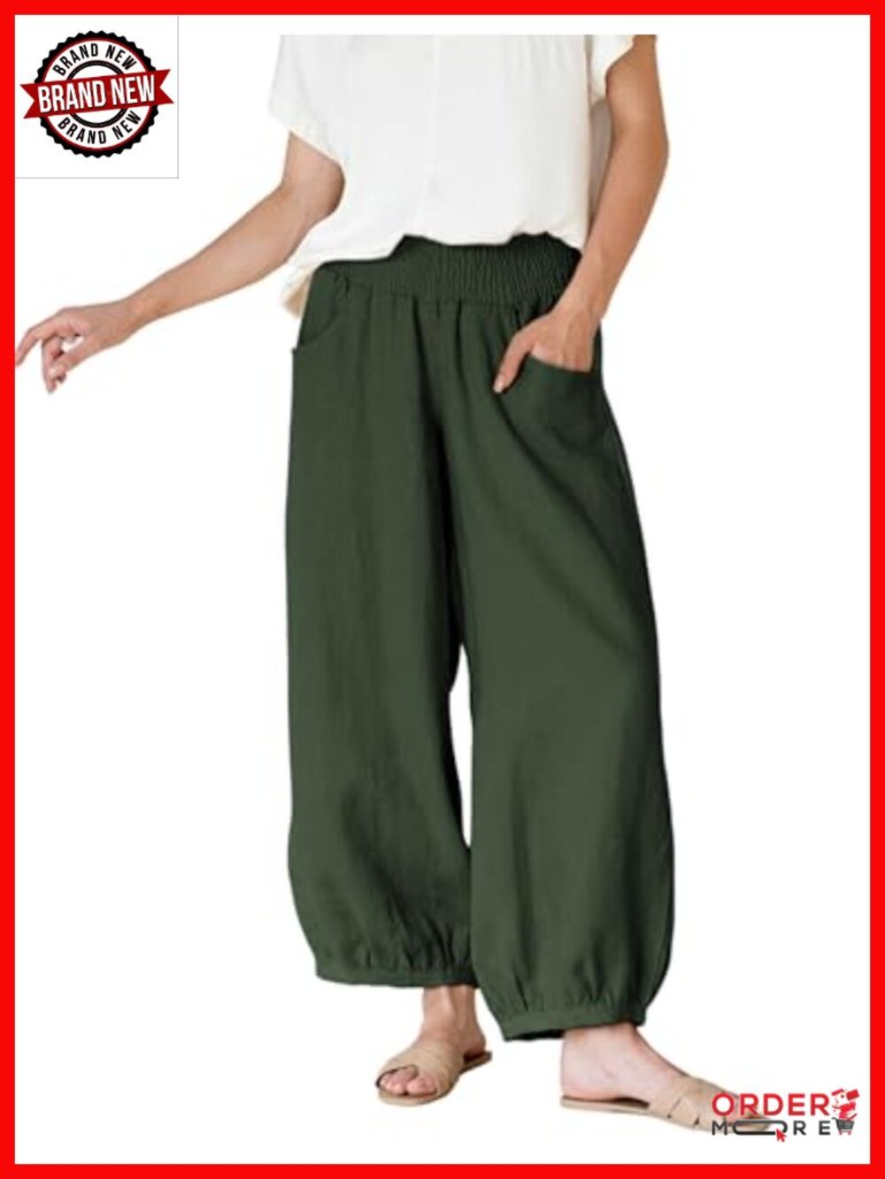 Womens Cotton Linen Wide Leg Harem Pants Elastic Waist Trousers